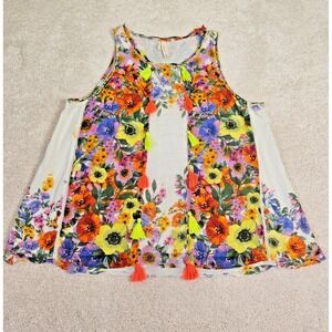Raga Swing Tank Top Womens S White Floral Print Tassels Boho Sleeveless Cotton